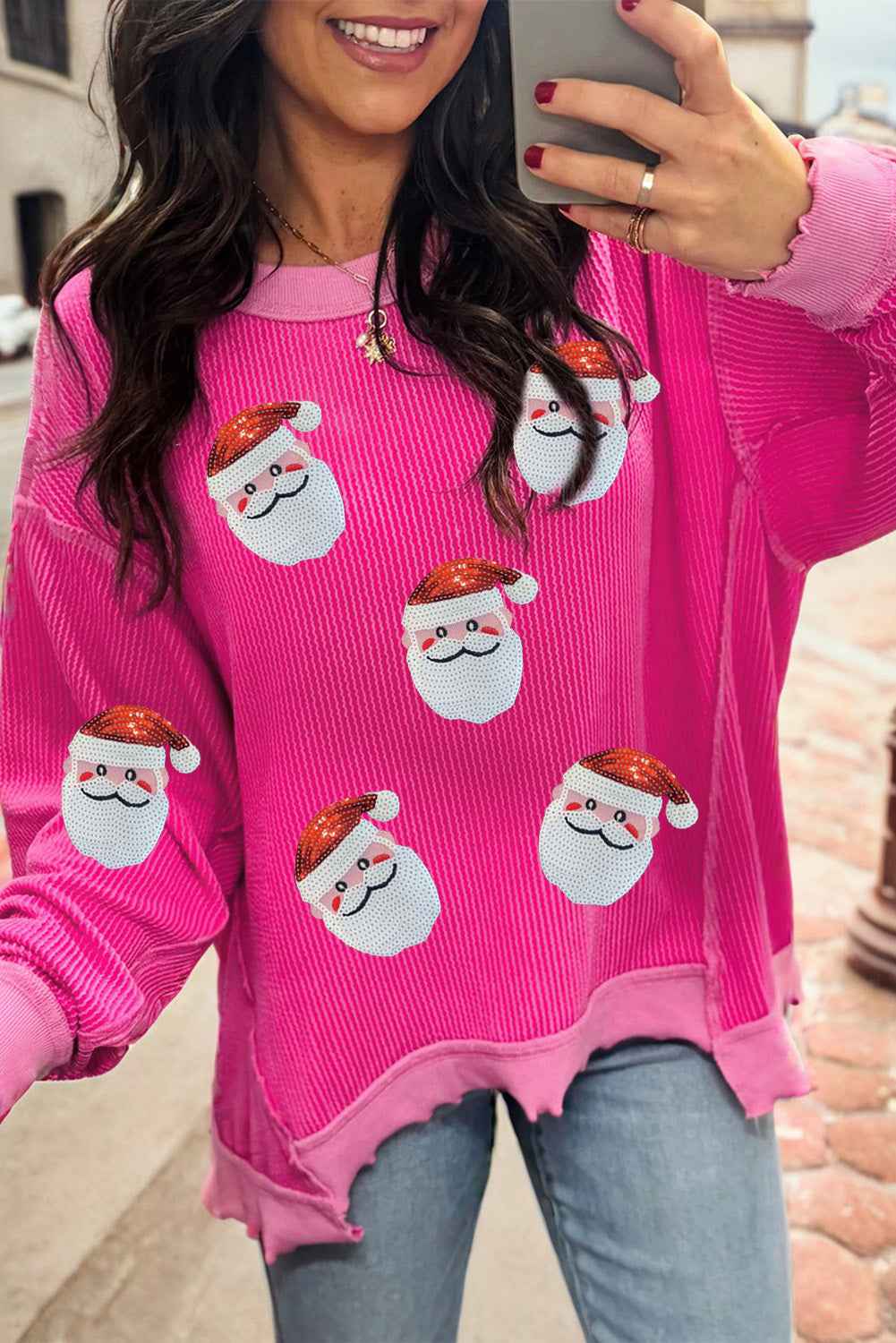 Strawberry Pink Twisted Ribbed Color Block Patchwork Sequin Father Christmas Graphic Top Strawberry Pink 75%Polyester+20%Viscose+5%Elastane 1085e685d2dbebb8