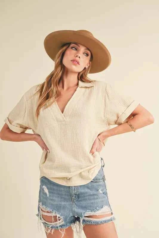 Aemi + Co Side Slit Johnny Collar Short Sleeve Cotton Gauze Blouse 1085ffb7-f81b-4751-a14e-b18fa6cba63d-Max