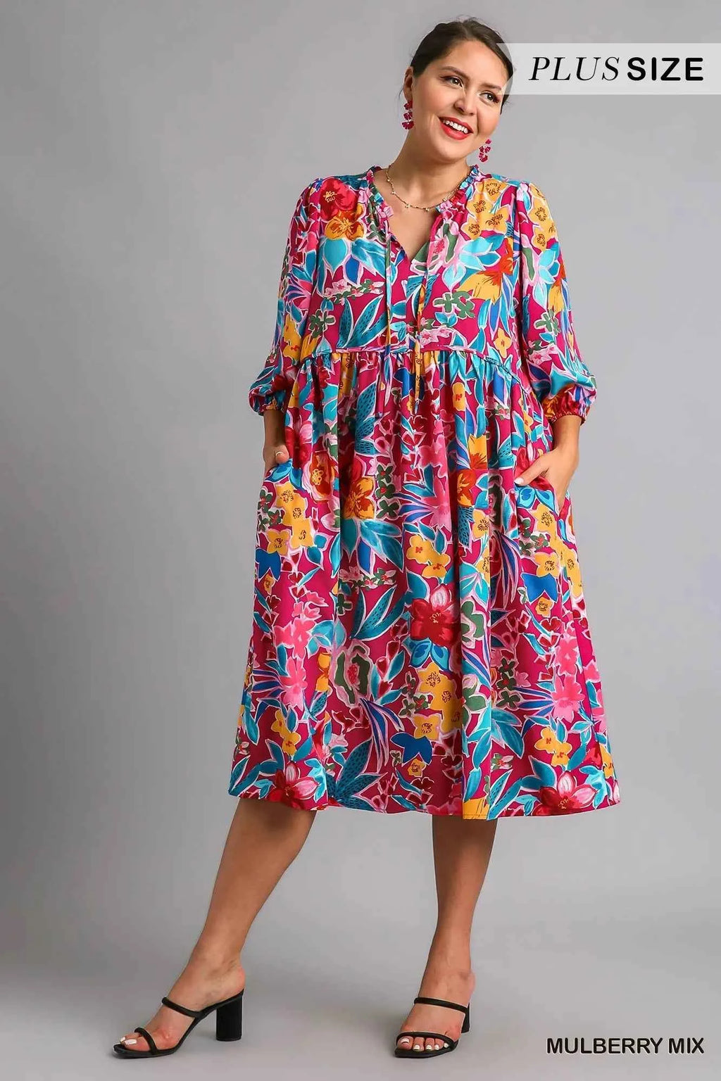 Umgee Full Size Floral Print Tie Neck Midi Dress with Pockets Plus Size 109038b4-55d7-48a8-af98-ea73943282a3-Max-Origin