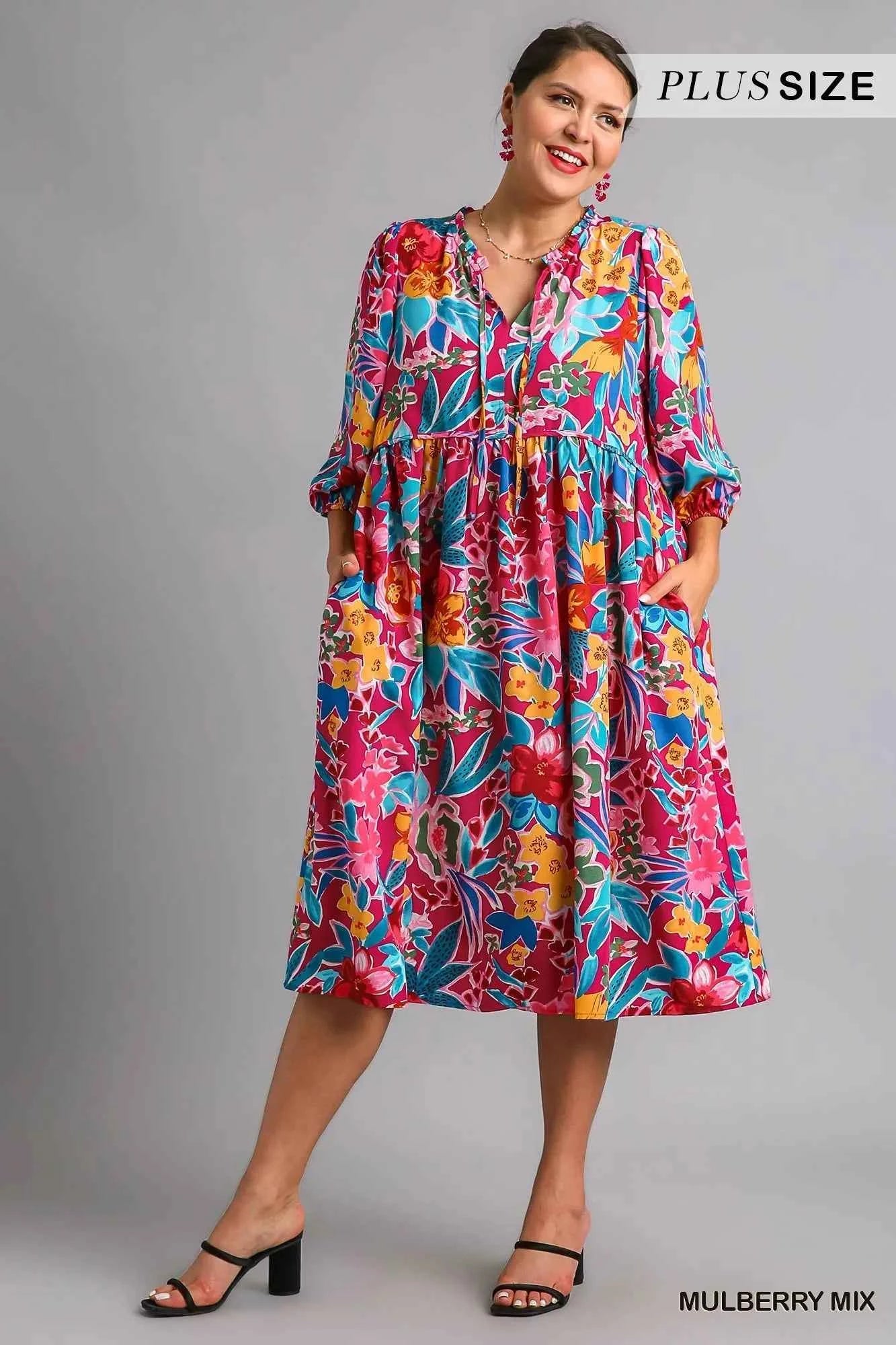 Umgee Full Size Floral Print Tie Neck Midi Dress with Pockets Plus Size 109038b4-55d7-48a8-af98-ea73943282a3-Max-Origin