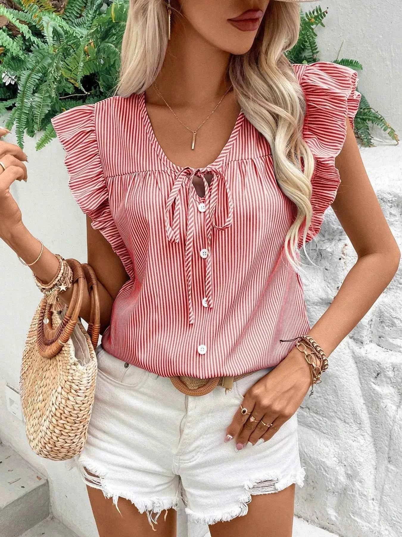 Striped Ruffle Sleeve Tie Front Blouse Red 10933377ecb549e28598767d97afc9ea-Max-Origin