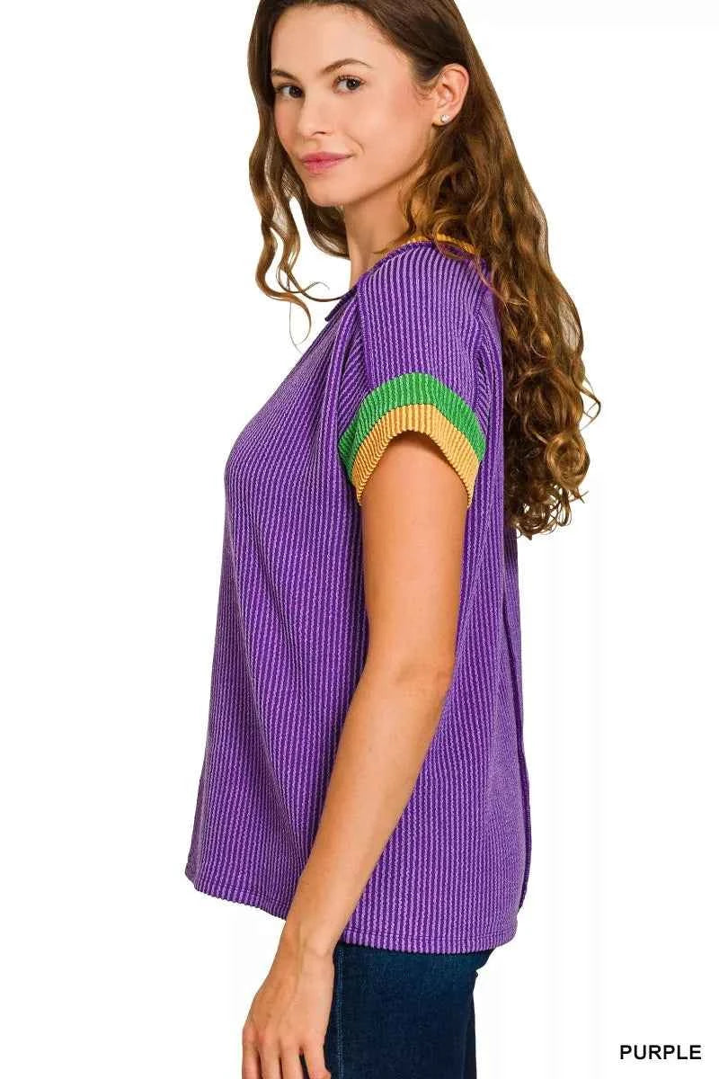 Zenana Mardi Gras Raised Rib Contrast Trim Top 109873b345e040eaa98f906c4753012c-Max-Origin