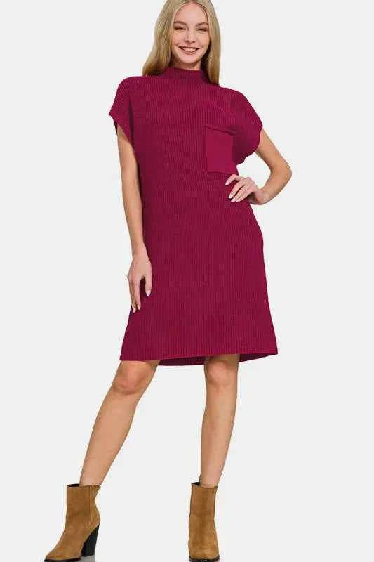 Zenana Mock Neck Short Sleeve Sweater Dress 10a1281a-4729-46db-9886-0baabc19ebf3-Max