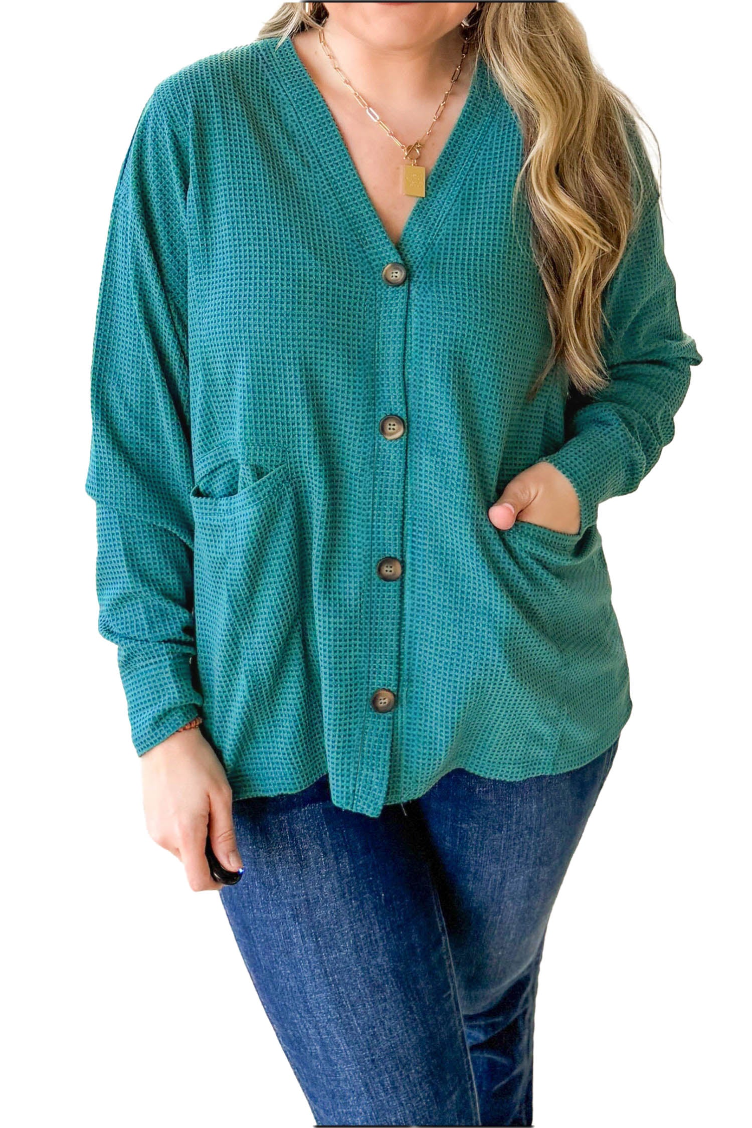 Lapis V Neck Waffle Textured Button Front Tunic Long Sleeve Plus Size Cardigan 10a8bd6f5f3b8396