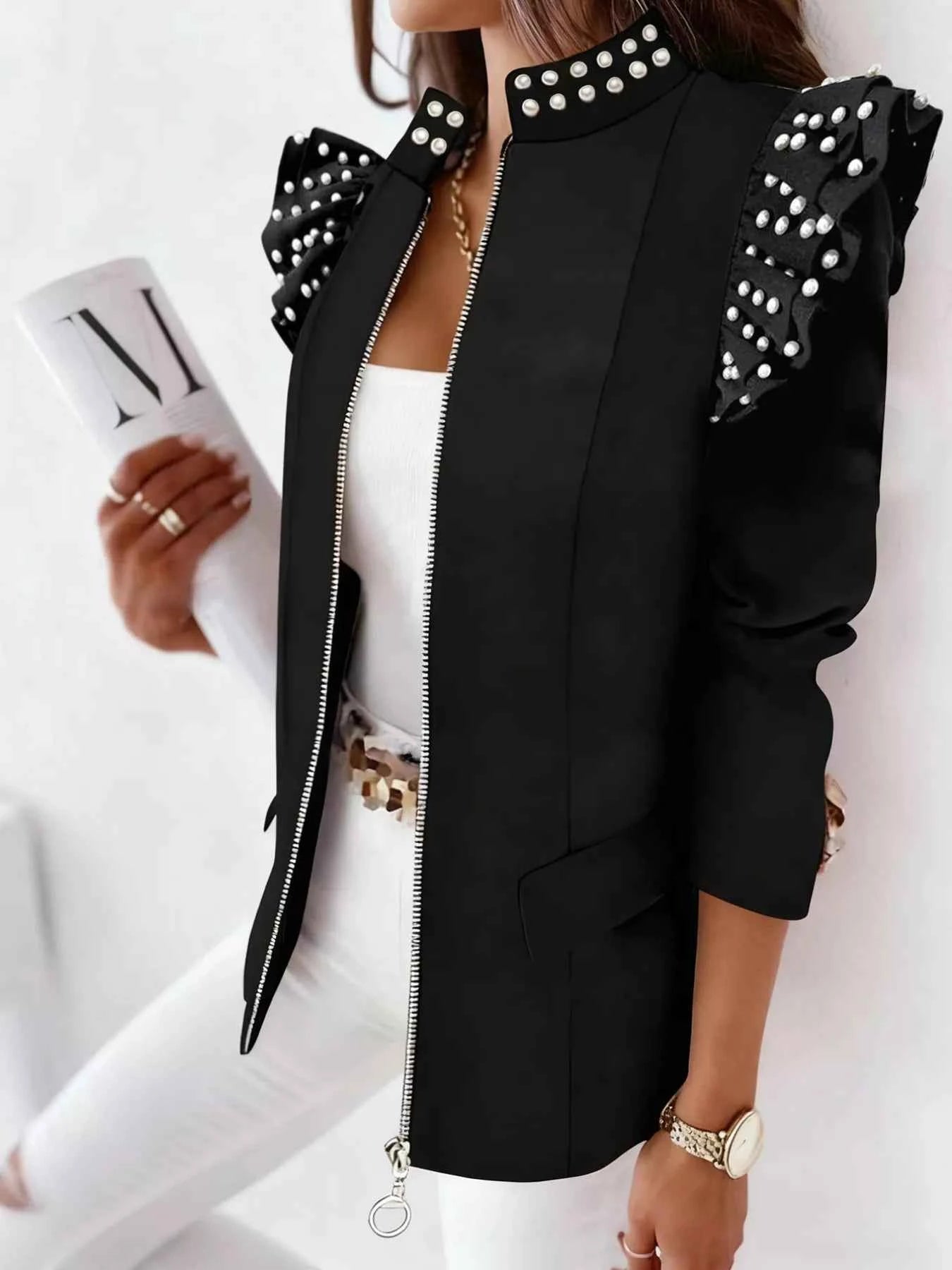 Pearl Embellished Shoulder Zip Up Jacket 10aa8928-141a-40c0-aa28-46c657b7bdb0-Max-Origin