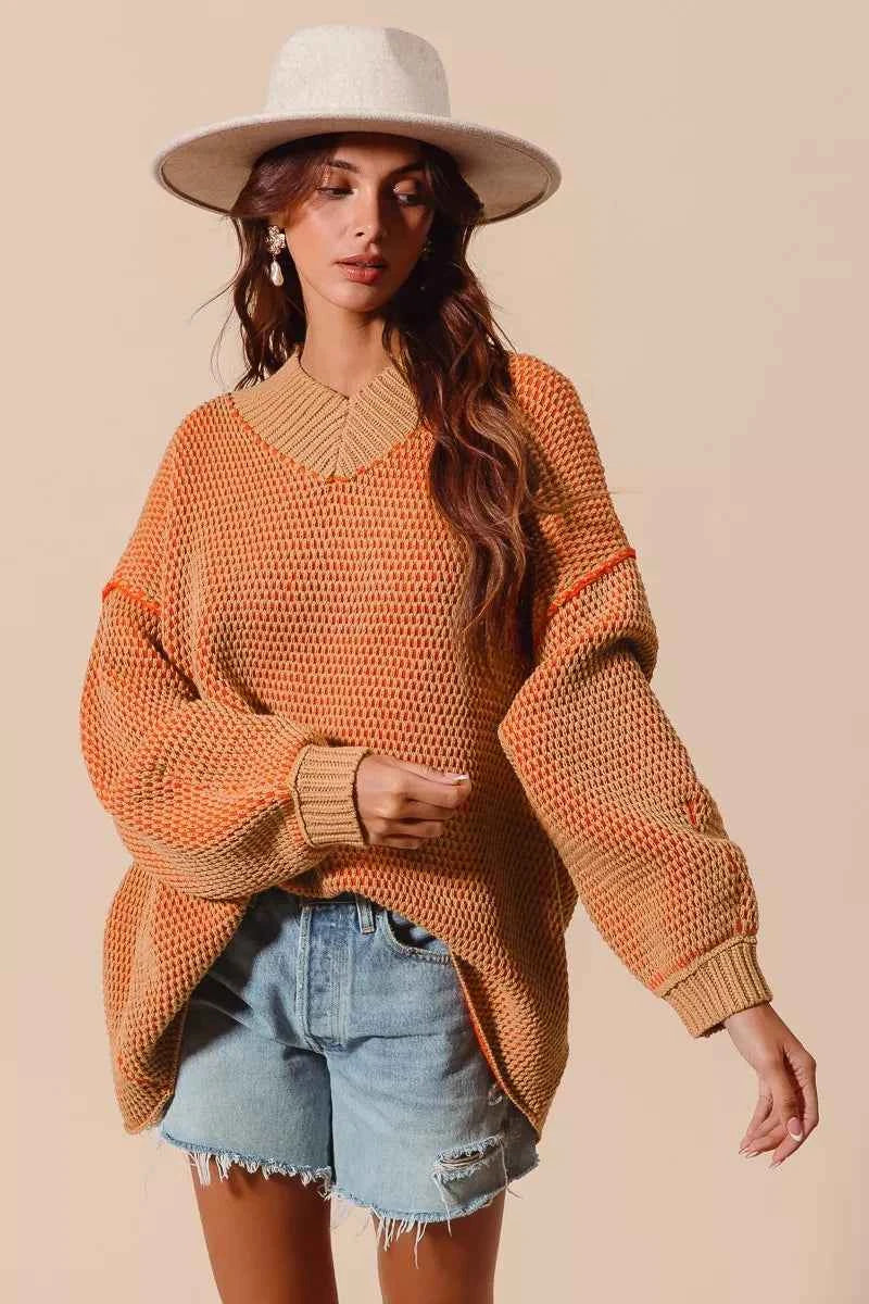 SO ME Oversized Two Tone Textured V Neck Sweater 10b20843844f4b3385a0611686b27578-Max-Origin
