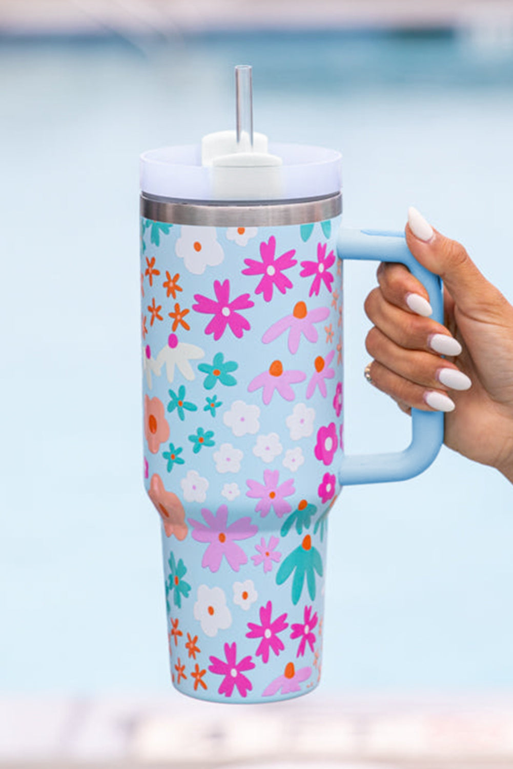 Beau Blue Cute Flower Print Handled Cup with Straw 40oz Beau Blue ONE SIZE 100%Alloy 10b66e678a22588c