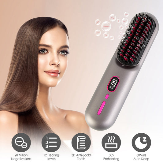 Grey-Black Options -- 1Pc Cordless Negative Ion Hair Straightener Brush Rechargeable Mini Styling Comb With 12 Heating Levels Anti-scald 30S Preheating 30Mins Auto Sleep LCD Display 10bbfd1c-97c9-477d-bbcd-a9639922c181