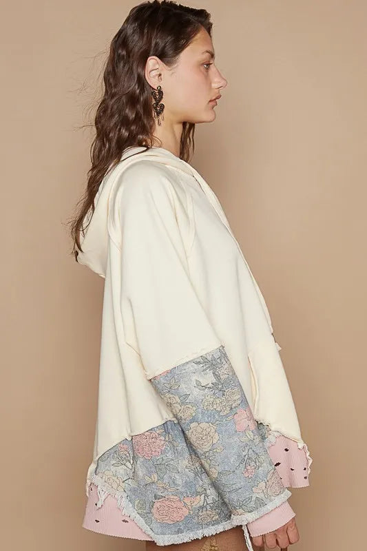 Floral Patchwork Distressed Drawstring Hoodie 10be5a10-8e40-4bf6-bad1-2a93a43bef5e-Max