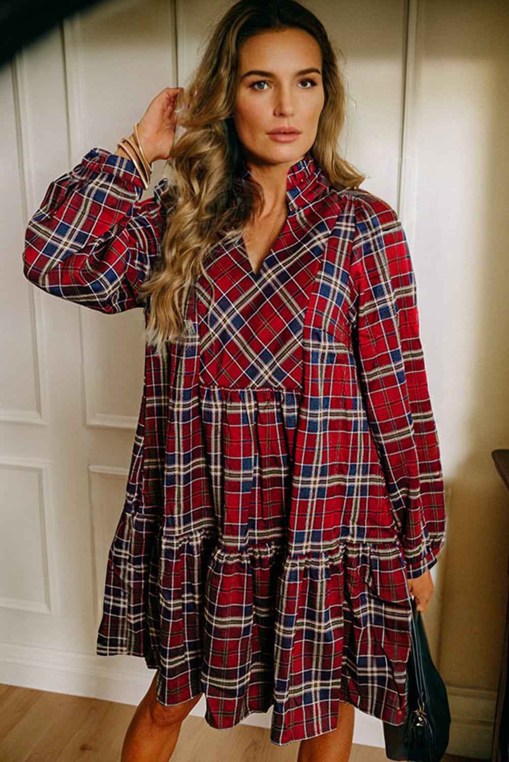 Red Plaid Print Frill Neck Long Sleeve Mini Dress 10c11a36195030b8