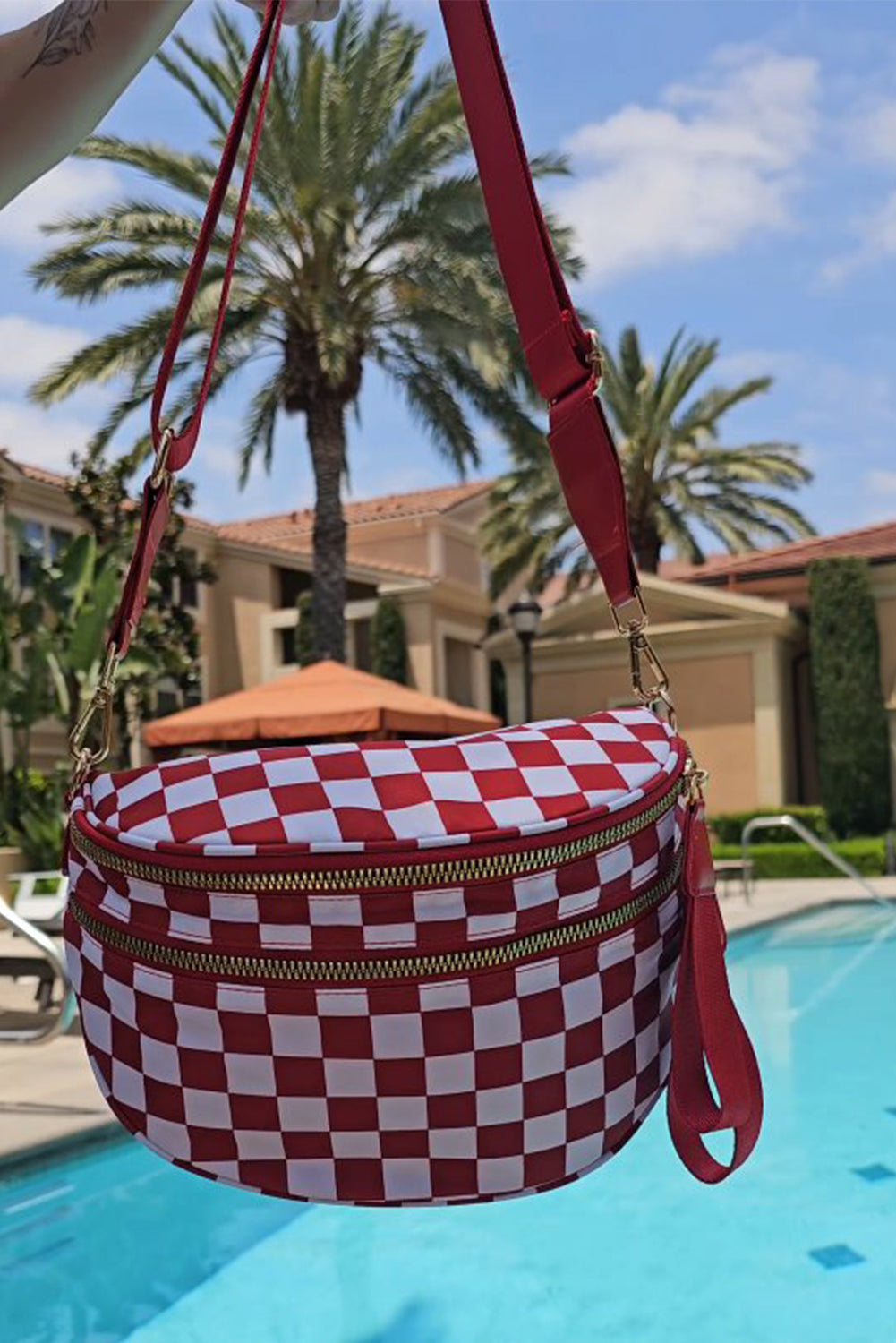 Pink Checkered Print Wide Strap Large Crossbody Bag 10c17f5066e1ab90