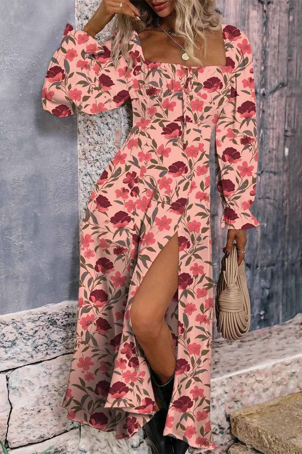 Floral Print Flounce Sleeve Midi Dress 10c3b57a-947e-4443-b87e-5db562683adc-Max-Origin
