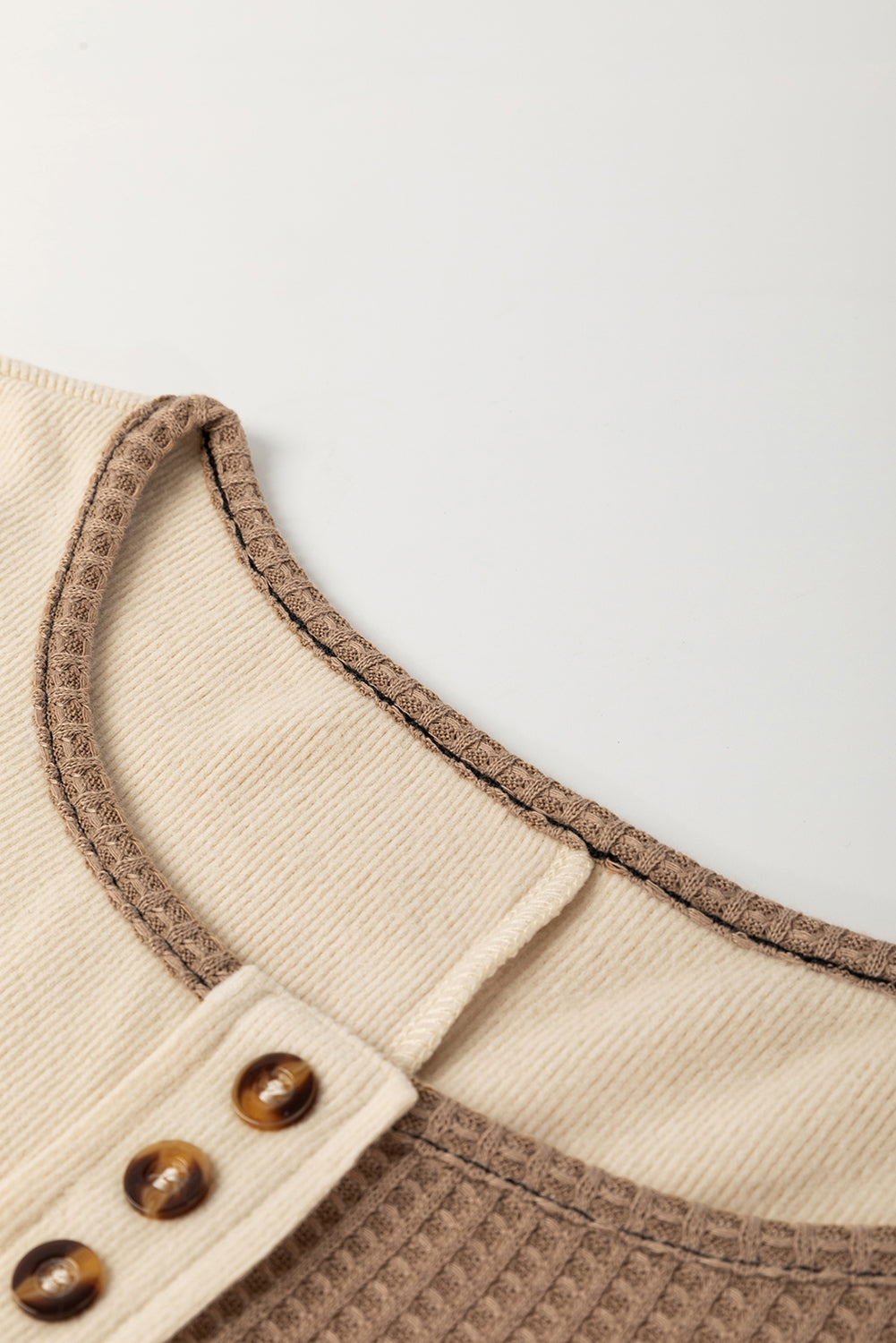 Beige Waffle Patchwork Stitch Detail Long Sleeve Henley Top 10c7f742ad339f52