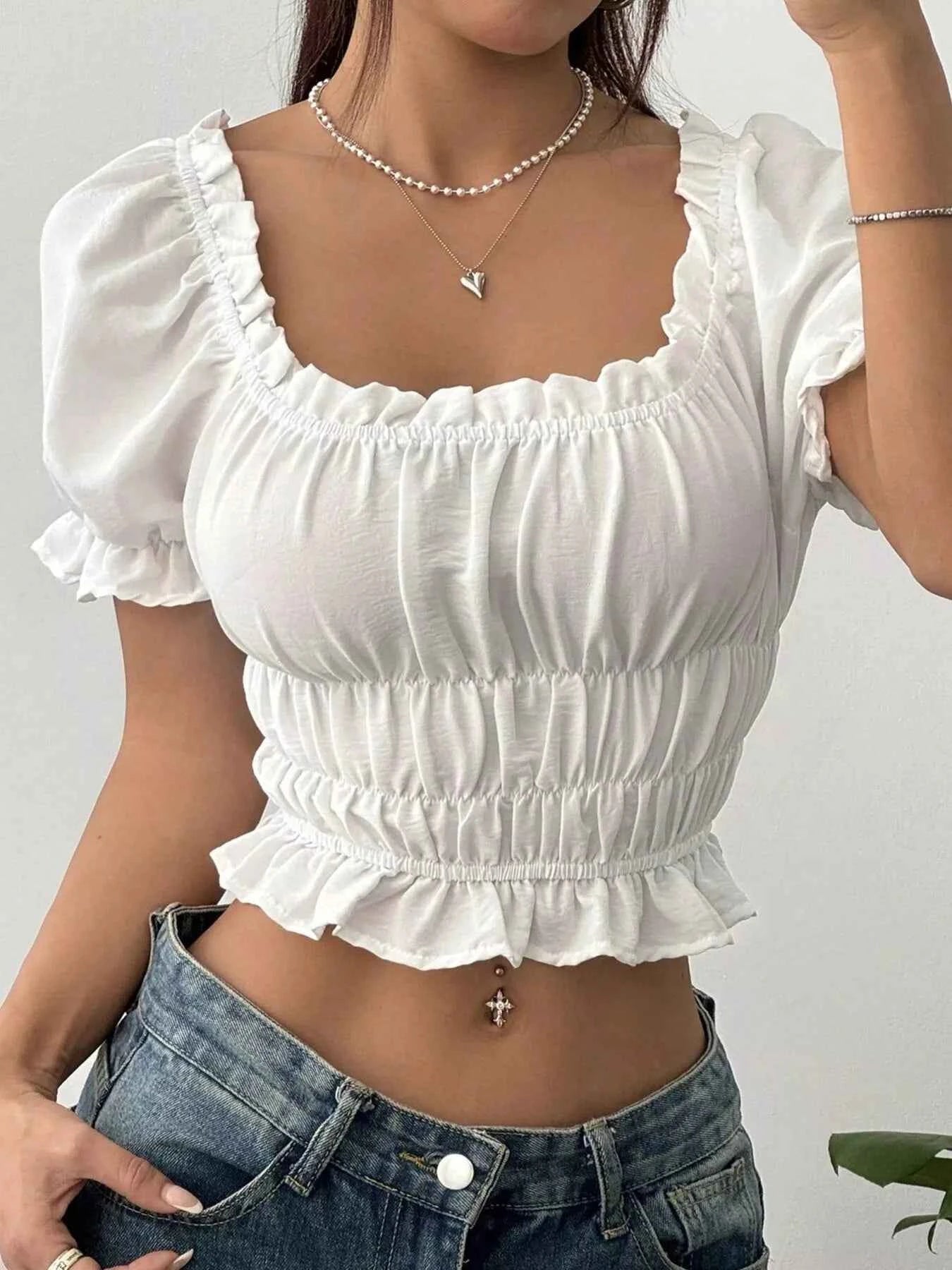 Frill Ruffled Hem Puff Sleeve Crop Blouse White 10c9f9147af04daf9453deec771a13b9-Max-Origin