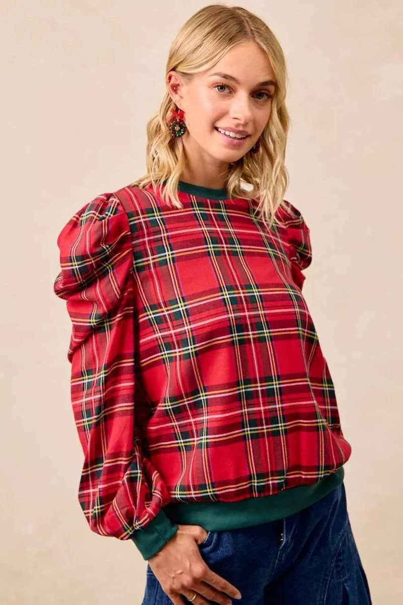 Christmas Plaid Exaggerated Shoulder Sleeves Top 10cd544c05774304aeb4a21f15a78301-Max-Origin