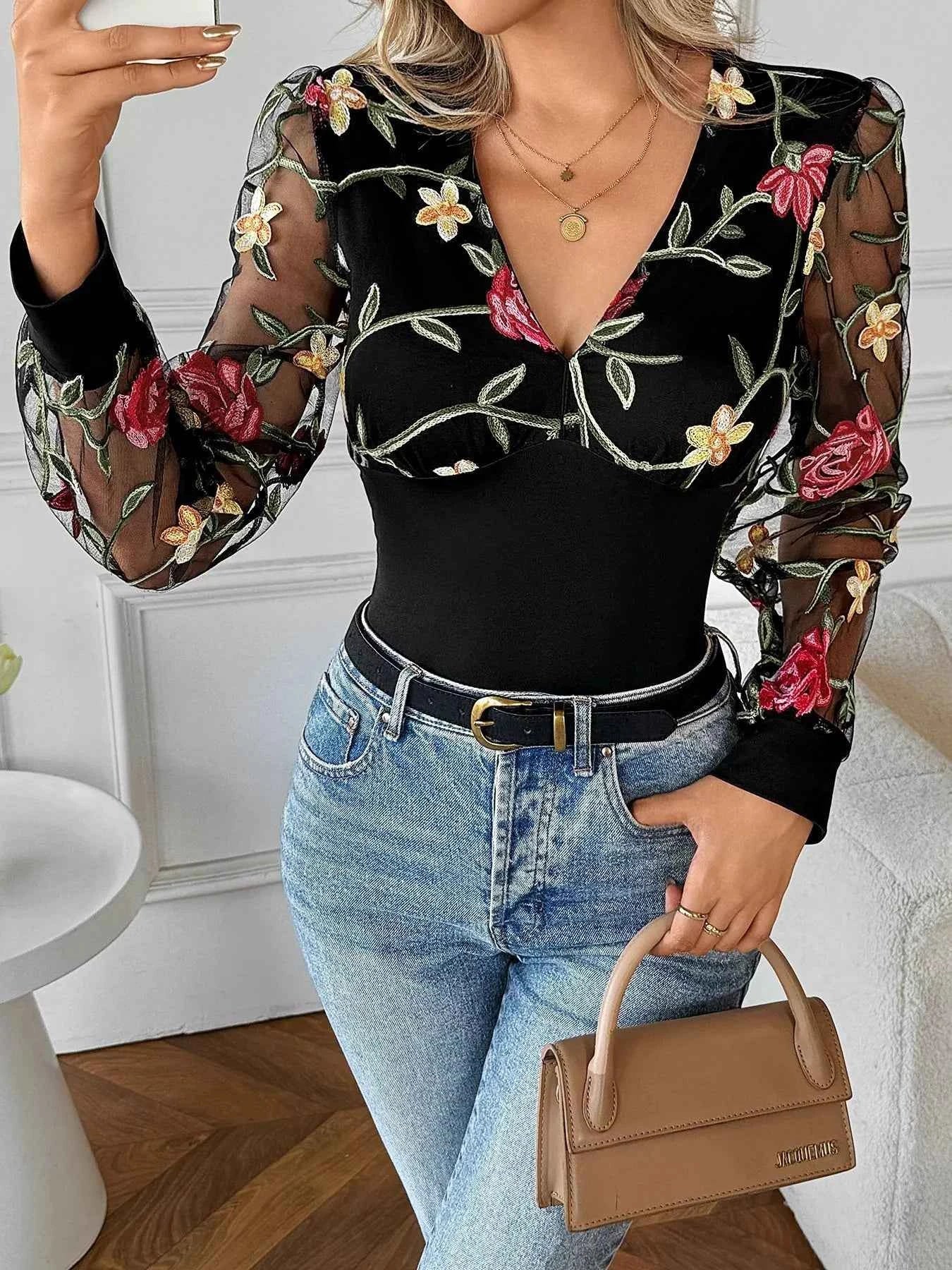 Floral Mesh Sleeve V-Neck Top Black 10ce8af99e1040ffa1ca81cf3d017475-Max-Origin