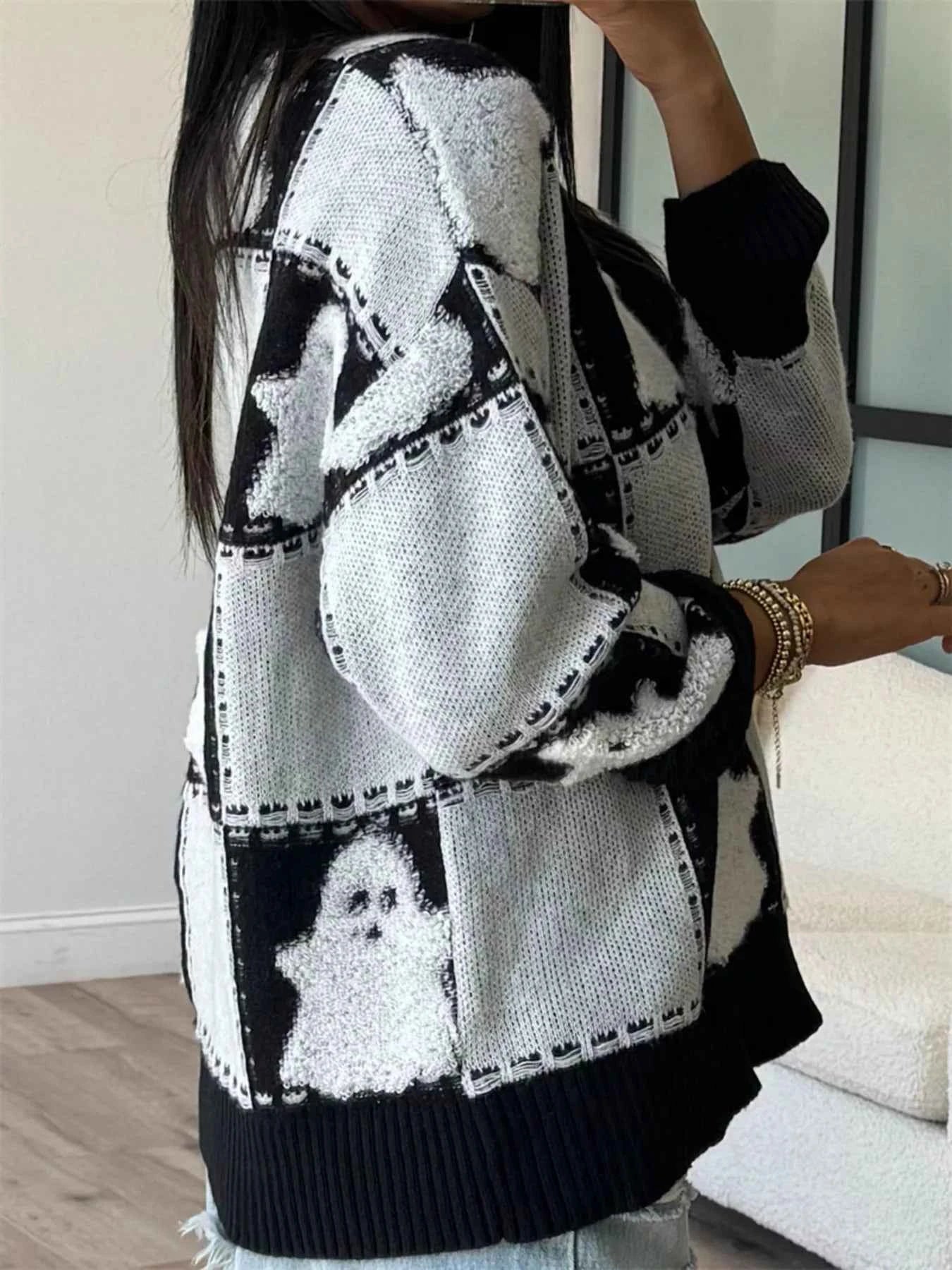 Halloween Ghost Checkered Drop Shoulder Sweater 10d34b5f88e841bc8fbeccbfc345dabf-Max-Origin