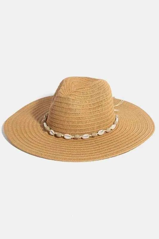 Fame Shell Beaded Wide Brim Straw Hat Khaki One Size 10d4978d-58cb-4ac4-a416-de38eff0abeb-Max-Origin