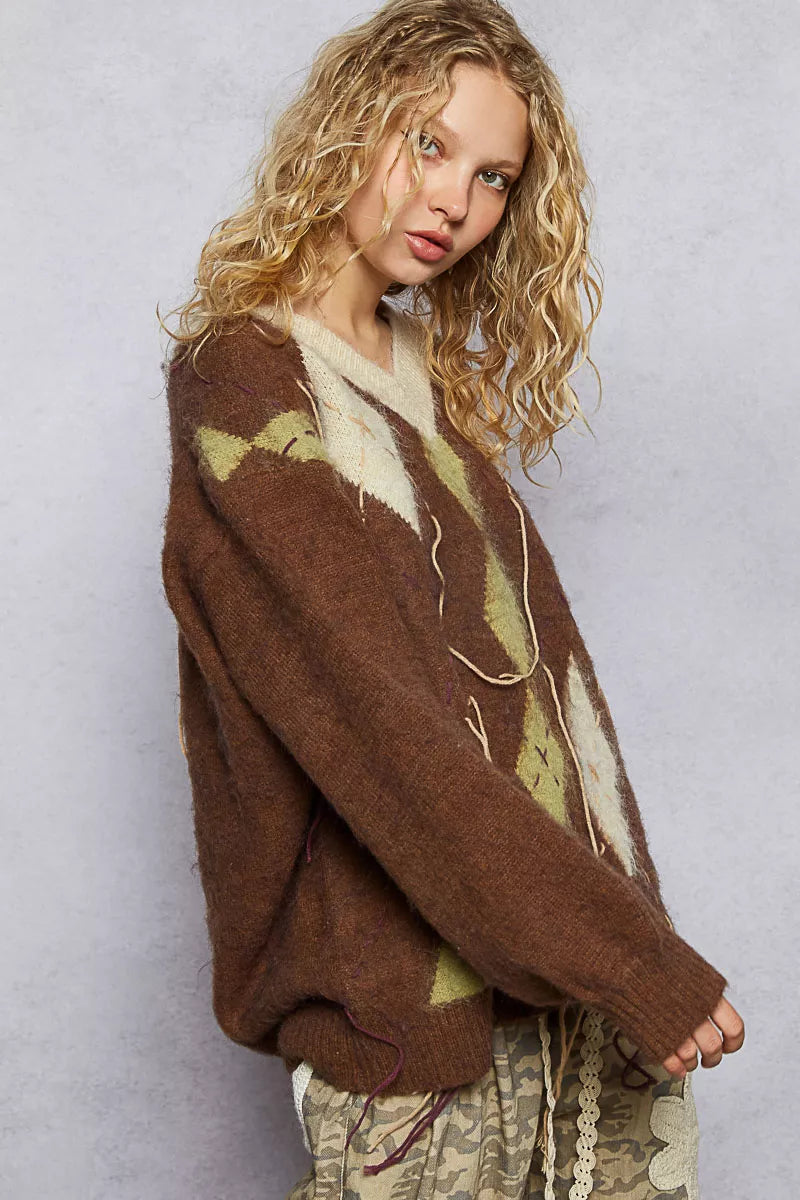 POL V-Neck Argyle Pattern Mohair Sweater with Contrast Exposed Stitch Detail 10d51d98-f45e-446b-aa3f-515e440eb2f2-Max-Origin