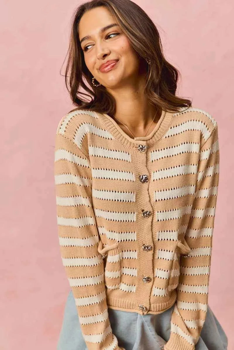 SO ME Stripe Long Sleeves Button Sweater Cardigan 10deaaa411214ff380b89e49a97ea621-Max-Origin