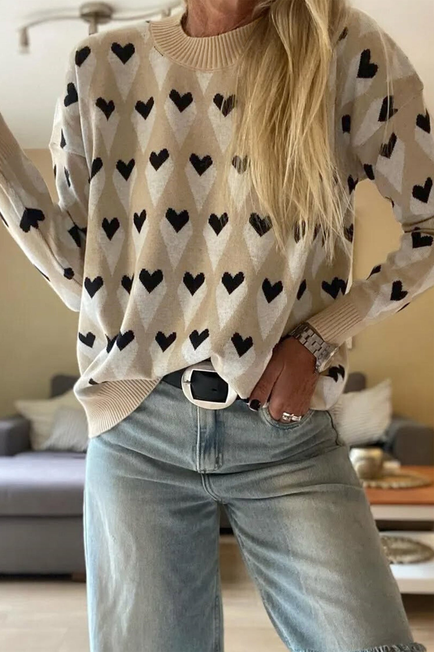 Parchment Geometric Heart Print Ribbed Trim Loose Sweater Parchment 100%Cotton 10e117ad16474451