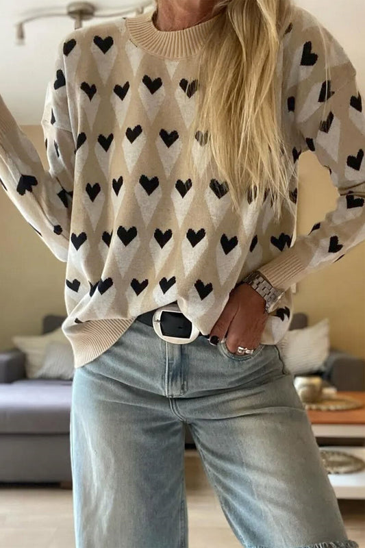 Parchment Geometric Heart Print Ribbed Trim Loose Sweater Parchment 100%Cotton 10e117ad16474451