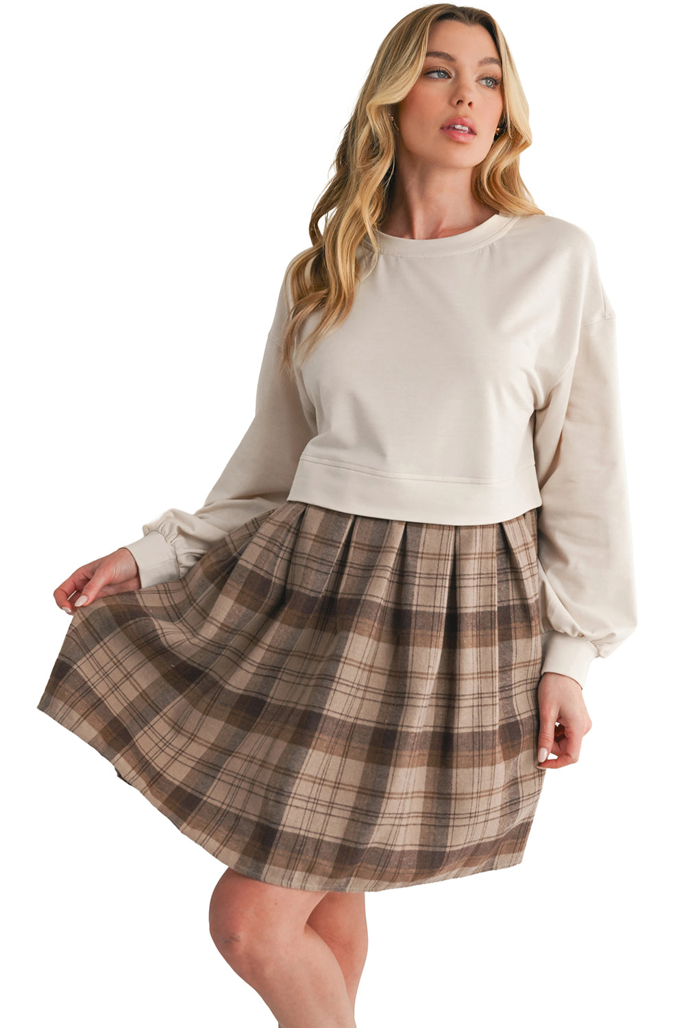 Black Plaid Patchwork High Waist Sweatshirt Mini Dress Beige 85%Polyester+10%Cotton+5%Elastane 10e14ddda8be12ff