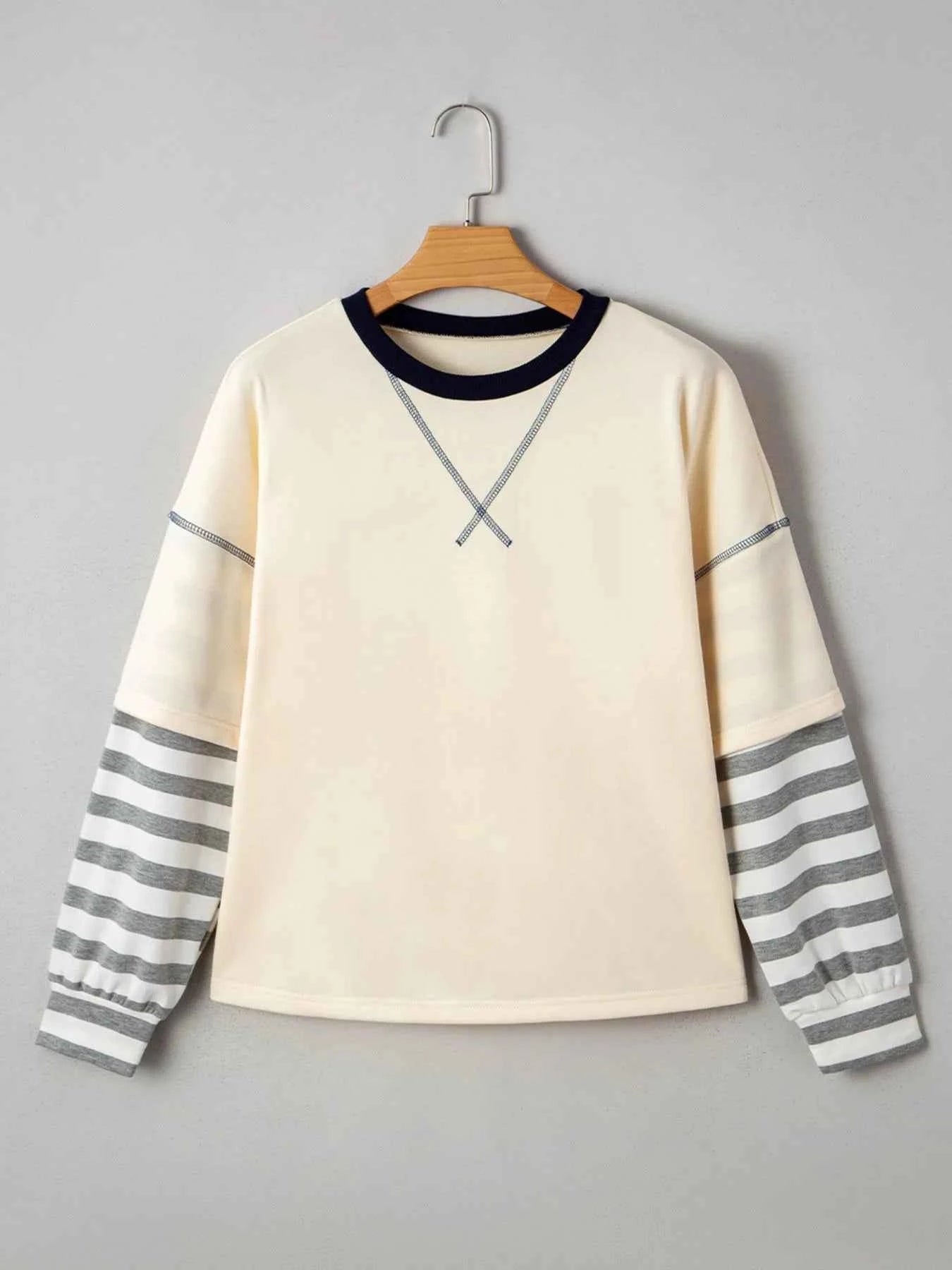 Striped Patchwork Long Sleeve Round Neck Two-in-one Top 10e79310-9115-44f7-83b6-346ab839222f-Max-Origin