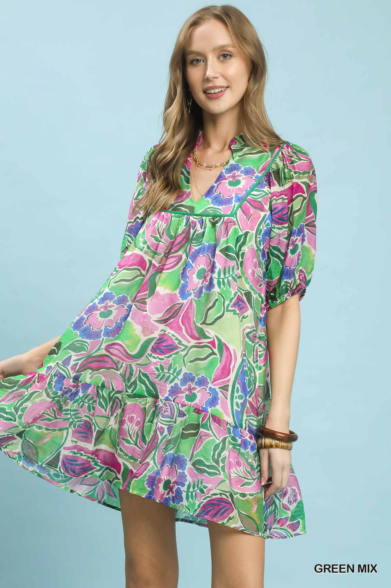 Umgee Abstract Print V-Neck Baby Doll Dress GREEN MIX 10ea79ef-580d-44dd-8701-c6110e1c15fd-Max