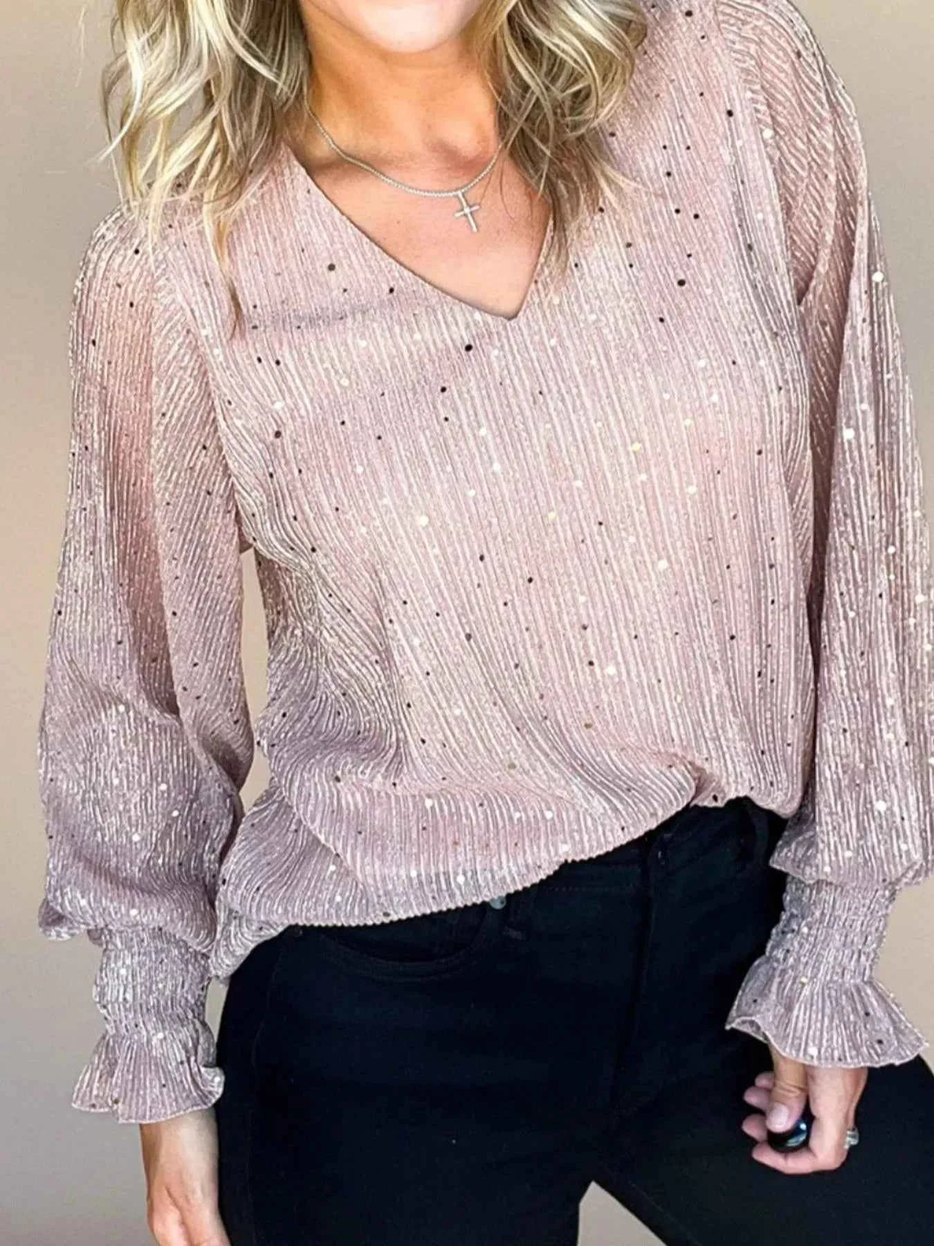 Sequin V-Neck Flounce Sleeve Blouse 10f41c64-8385-47ec-a9f0-c9b45b389b3d-Max-Origin