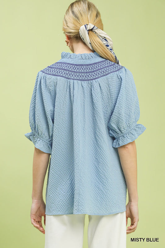 Textured Henley Blouse with Ruffle Cuffs 10f9bc85-b53b-44b3-88c4-8cebbd282923-Max