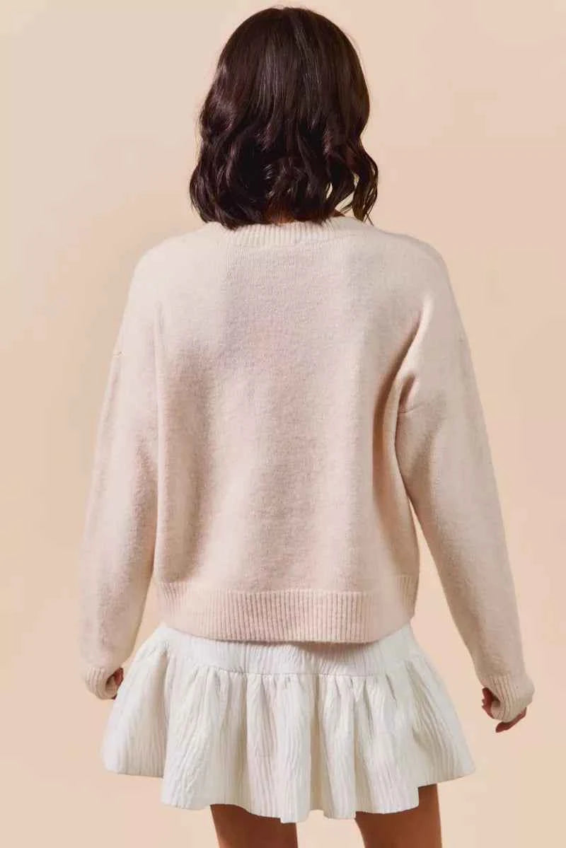 SO ME Embroidered Ribbon Round Neck Sweater 10fdd8dbe56647d79ed6772b152ea2ad-Max-Origin