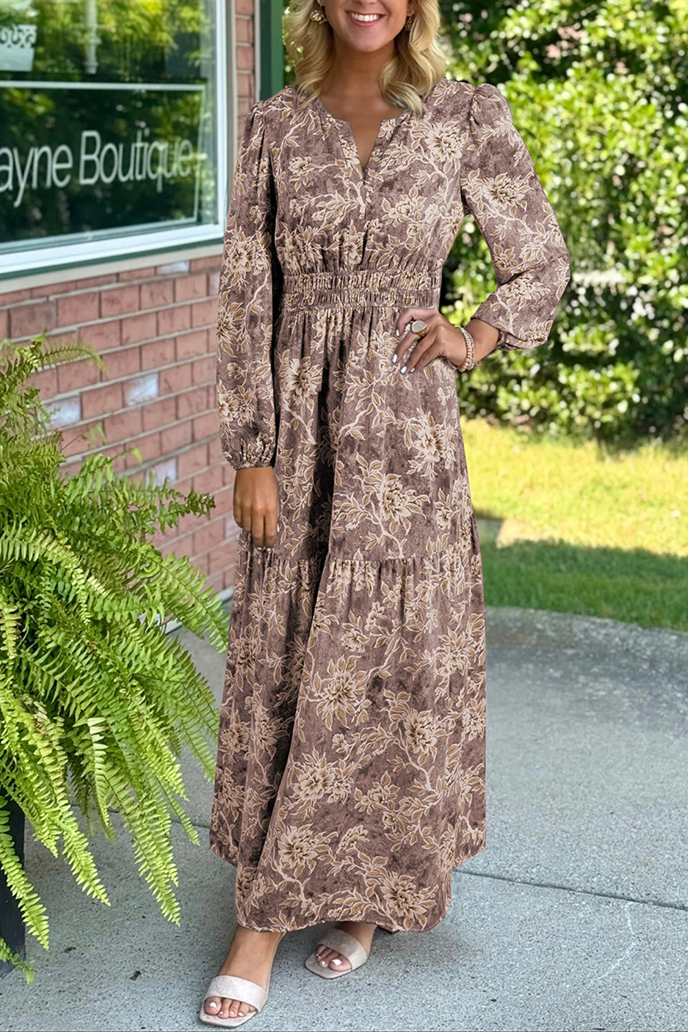 Sky Blue Floral Print Smocked High Waist Long Sleeve Maxi Dress Brown 100%Polyester 10fe074632b30224