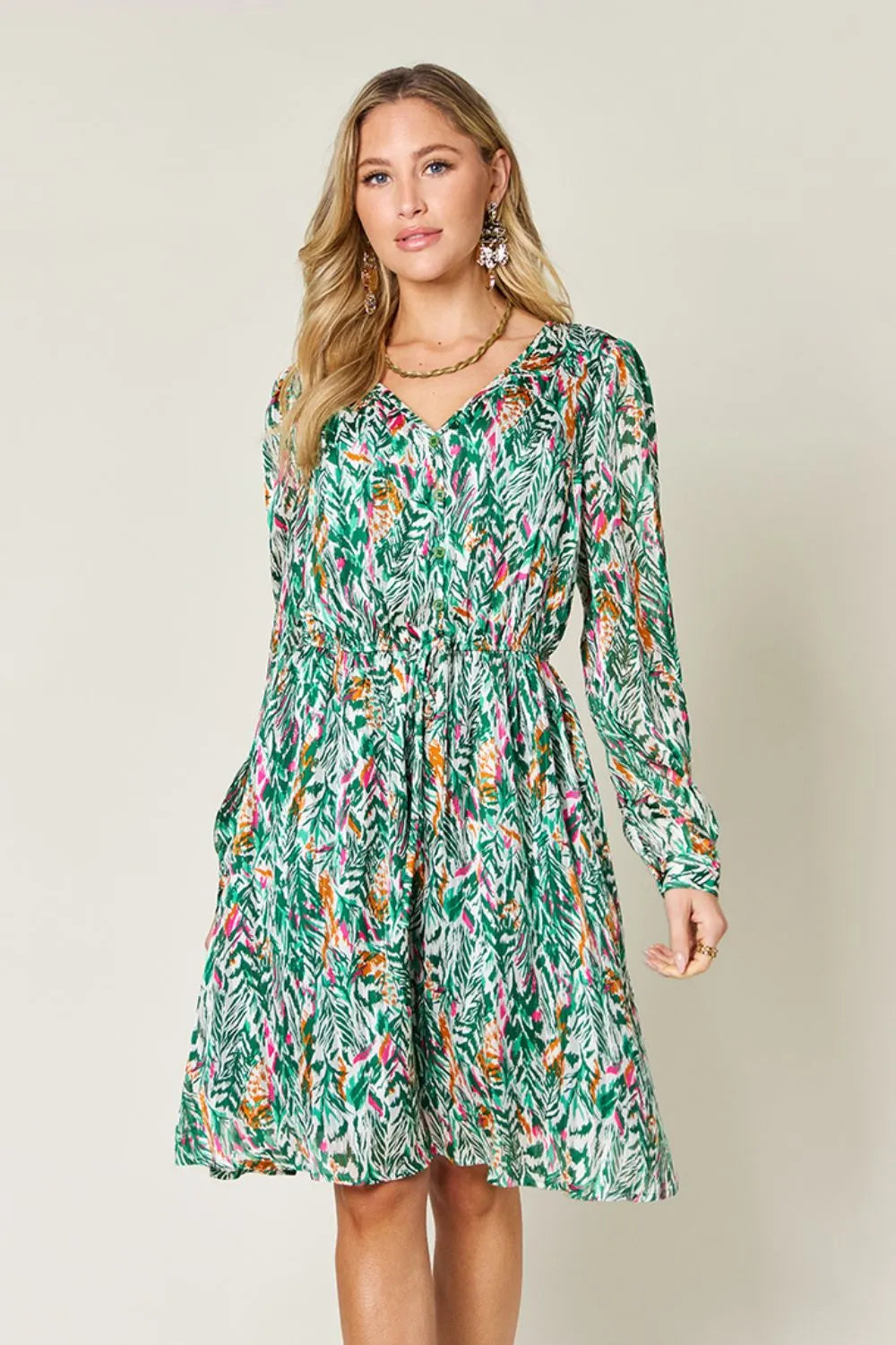 Double Take Full Size Printed Drawstring Waist Long Sleeve Dress Turquoise 1102b878-c66c-4504-bf1f-4fd7bafd8cea-Max