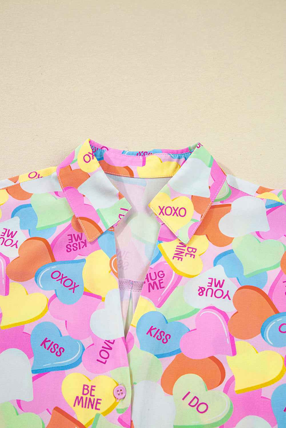 Pink Valentines Candy Heart V Neck Collared Tunic Shirt and Shorts 2pcs Pajama Set 1103baf9768bb32b