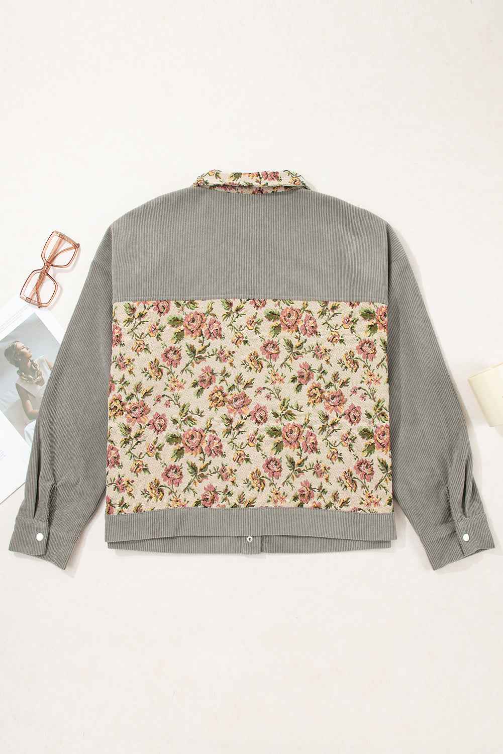 Medium Grey Corduroy Floral Patchwork Vintage Jacket 1107de55502d7ef8