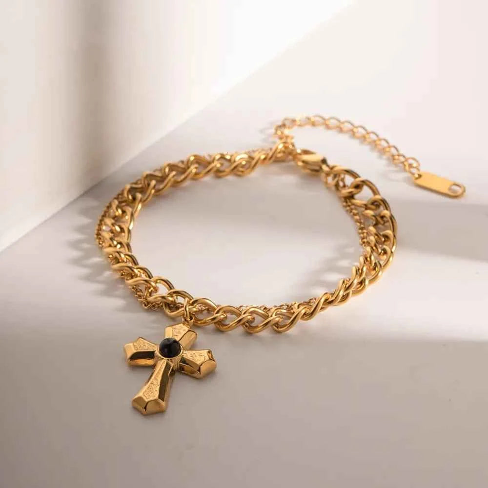 Stainless Steel Imitation Gemstone Cross Shape Pendant Bracelet 1108129f-e008-4f83-ba56-e20c9a2d694e-Max