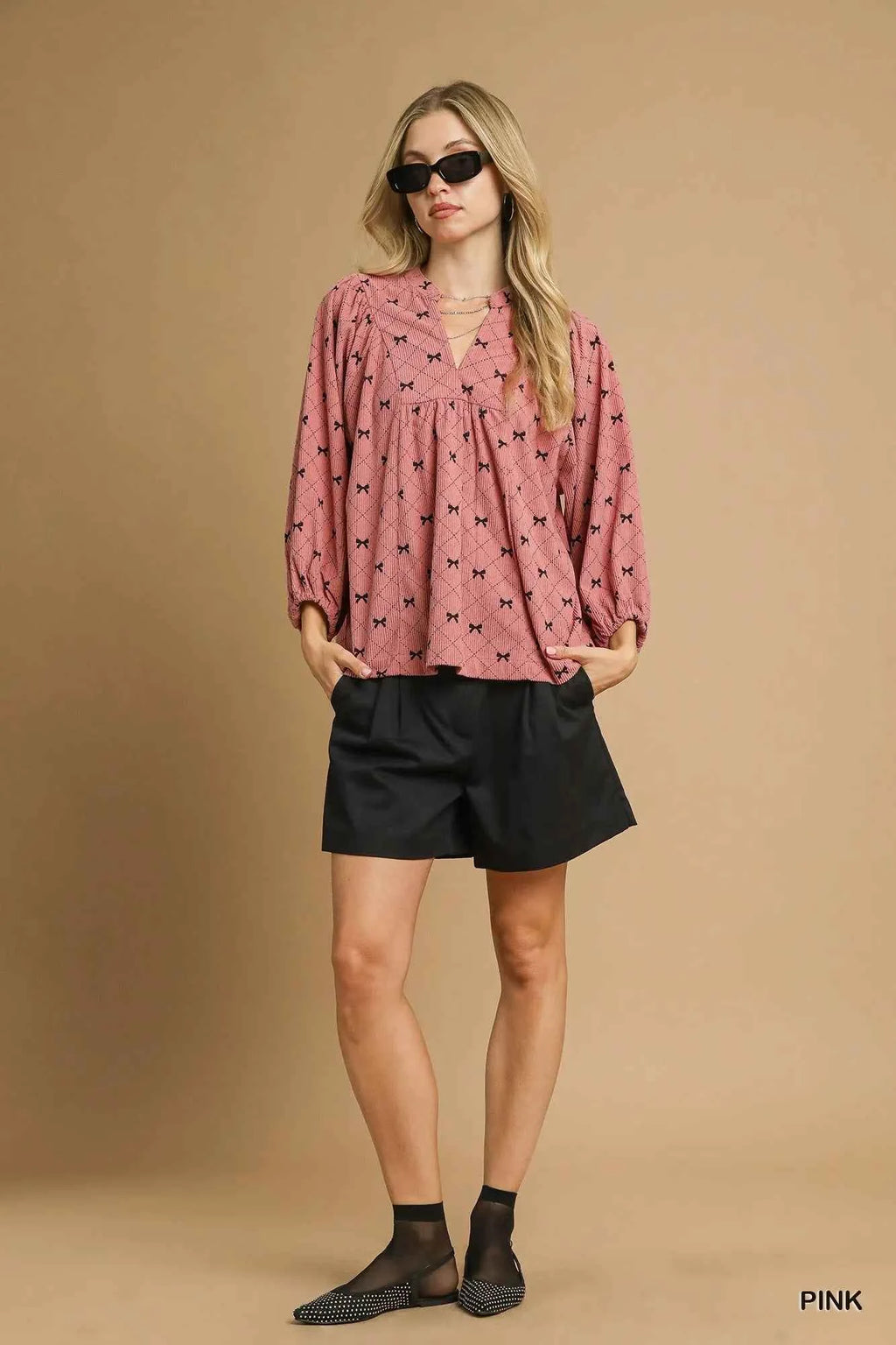 Umgee Corduroy Bow Print Balloon Sleeve Blouse 110953b7-a9a3-4b5f-837b-77309b8d9733-Max-Origin