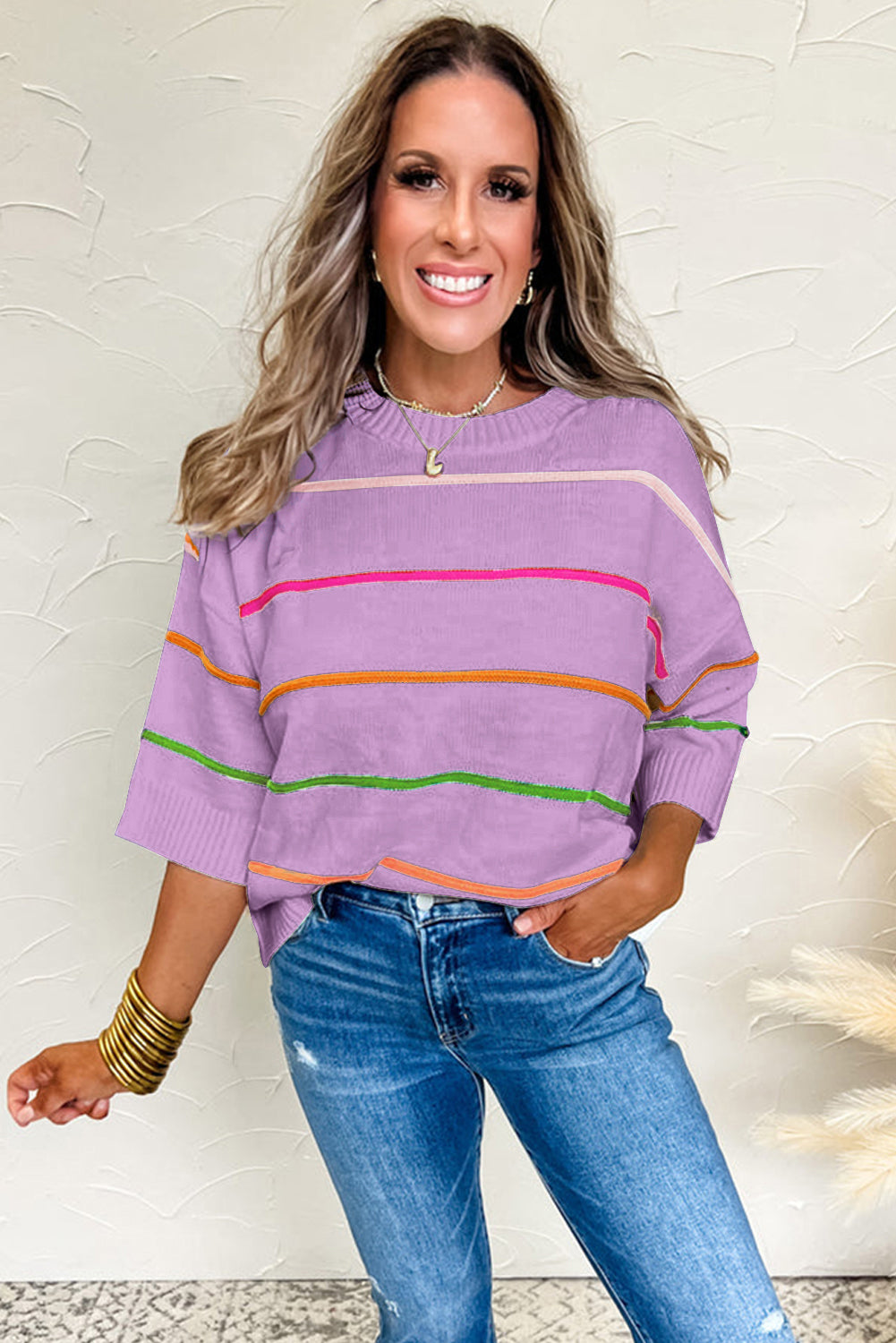 Orchid Petal Striped Half Sleeve Drop Shoulder Sweater 110e6281e1be55fe