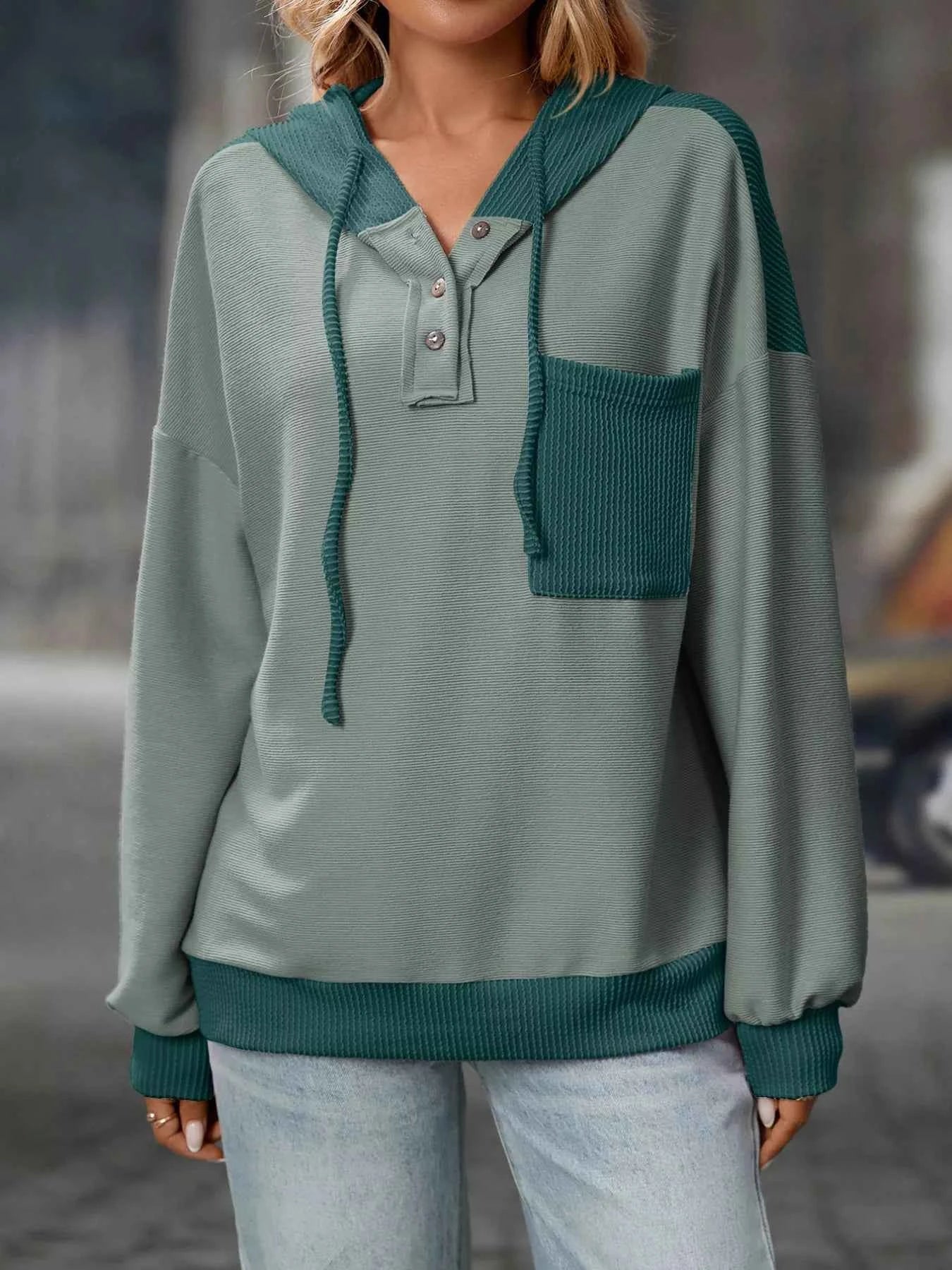 Casual Color Block Button Detail Hoodie 1112ae46-32c5-40d1-b596-b85222baab00-Max-Origin