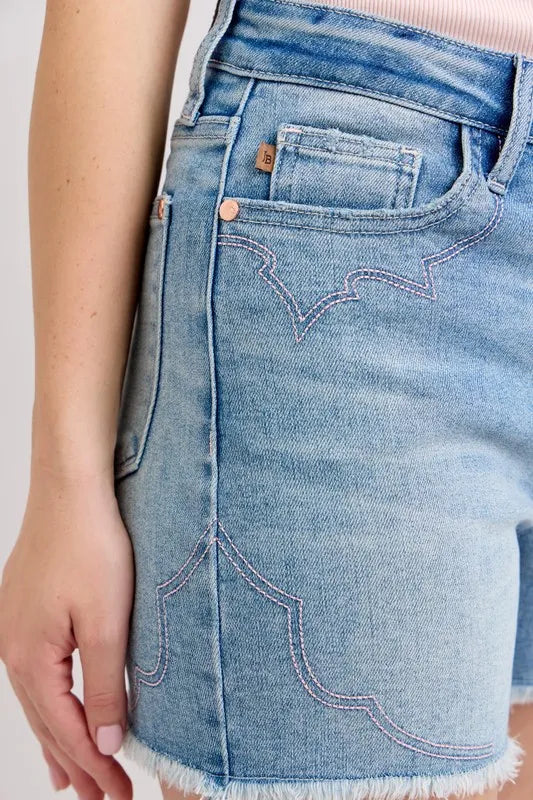 Judy Blue Full Size High Waist Western Embroidery Detail Cut Off Denim Shorts Plus Size 1119d1ad8ed948f6a21af271a42cfb29-Max-Origin