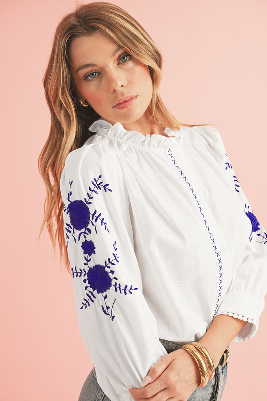 White Floral Embroidered Button Up Bo Blouse