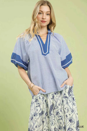 Striped Mixed Puff Sleeve Blouse BLUE 111fd6c4-c05e-4d9d-ae70-197f9fb561a3-Max-Origin