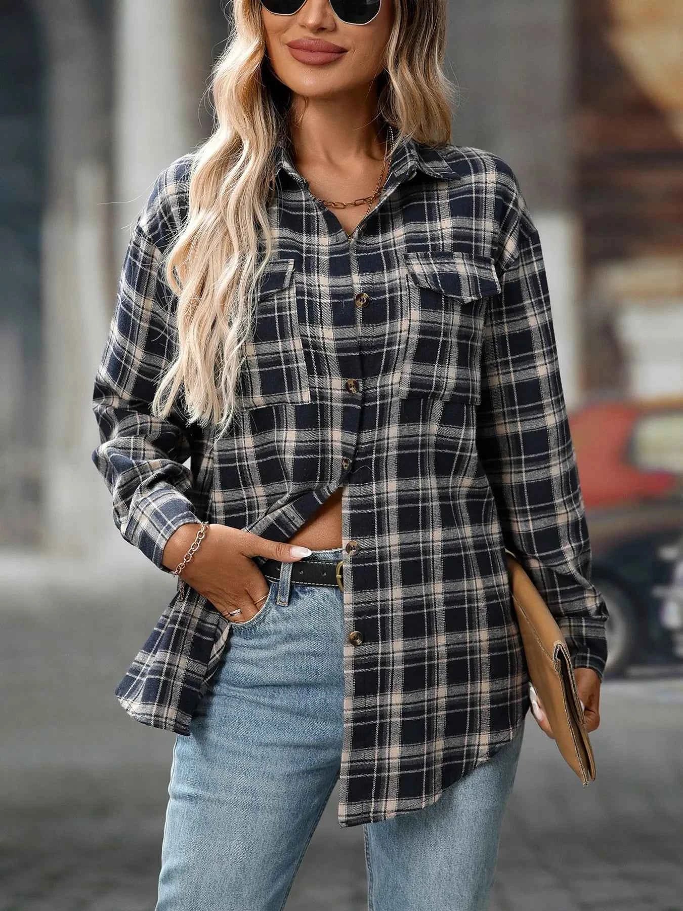 Plaid Button-Down Oversized Shirt Navy Blue 1121c3e0-534a-4305-8509-1099a6c95f3f-Max-Origin