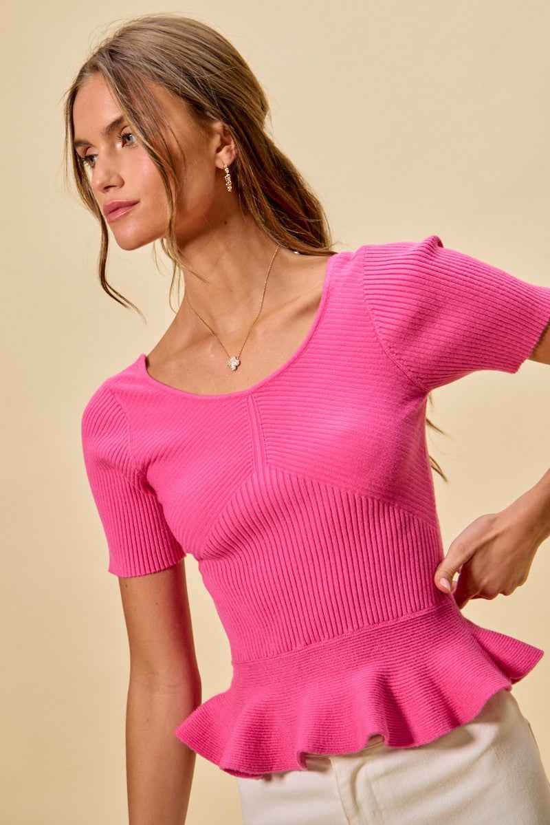 SO ME Ribbed Knit Short Sleeves Peplum Sweater Top 112722ca5788459a96fddf5b75ec3378-Max