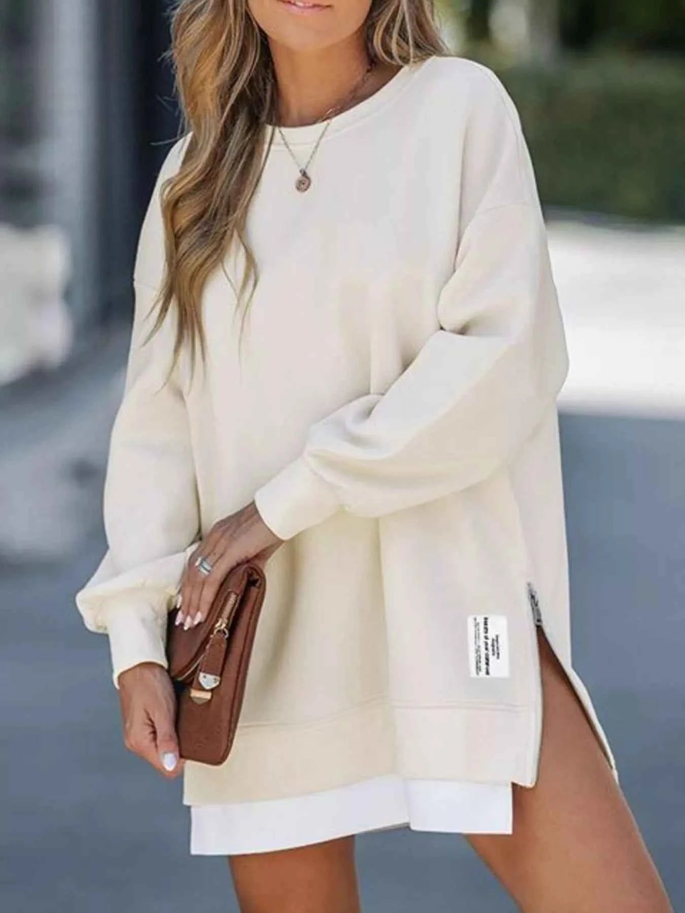 Side Slit Round Neck Long Sleeve Sweatshirt