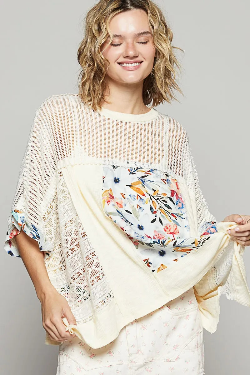POL Hollow Out Floral Half Sleeve Knit Top Cream 112938d9-873e-4aa7-85fd-56d8a145161f-Max