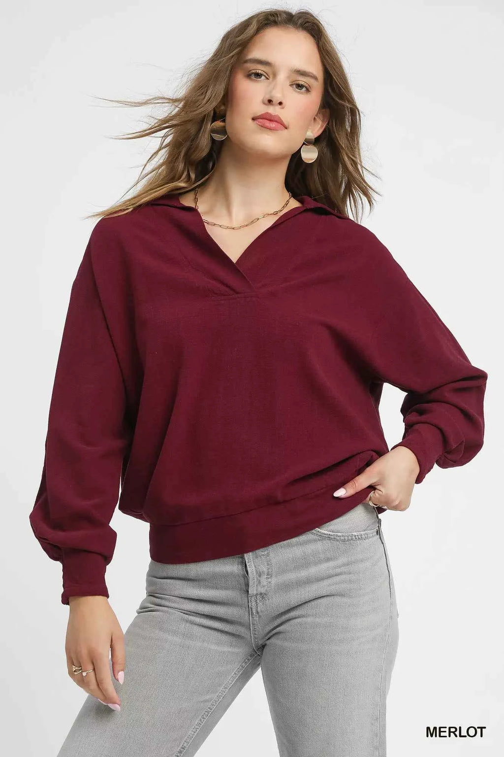 Umgee Linen Long Sleeves Elastic Hem Blouse MERLOT 112b1b72-65f4-4748-ae9e-6f16cff1ad81-Max-Origin