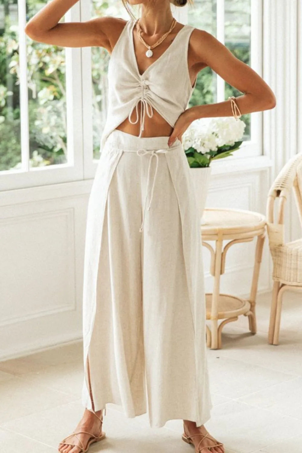 Drawstring V-Neck Tank and Pants Set Beige 113541fe-f3ee-4f03-83e2-5d9969b6083b-Max-Origin