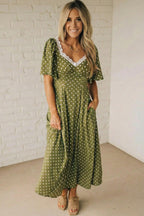 Green Polka Dot Print Lacy Neckline Smocked High Waist Maxi Dress 113684405d032662